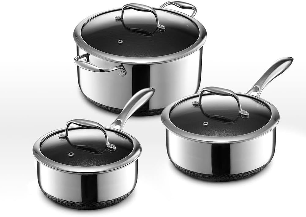 HexClad 6 Piece Hybrid Nonstick Pot Set, 2, 3, and 8 Quart Pots with Glass Lids, Dishwasher and Oven Safe, Works on Induction and Gas Cooktops