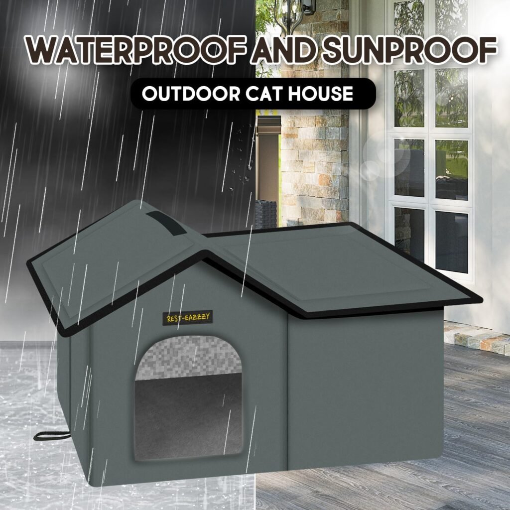 Rest-Eazzzy Cat House for Outdoor Cats, Weatherproof and Insulated Feral Cat House with Mat and Clip, Easy to Put Together, Selfwarming Cat Shelter for Winter(Grey, Waterproof House-S)