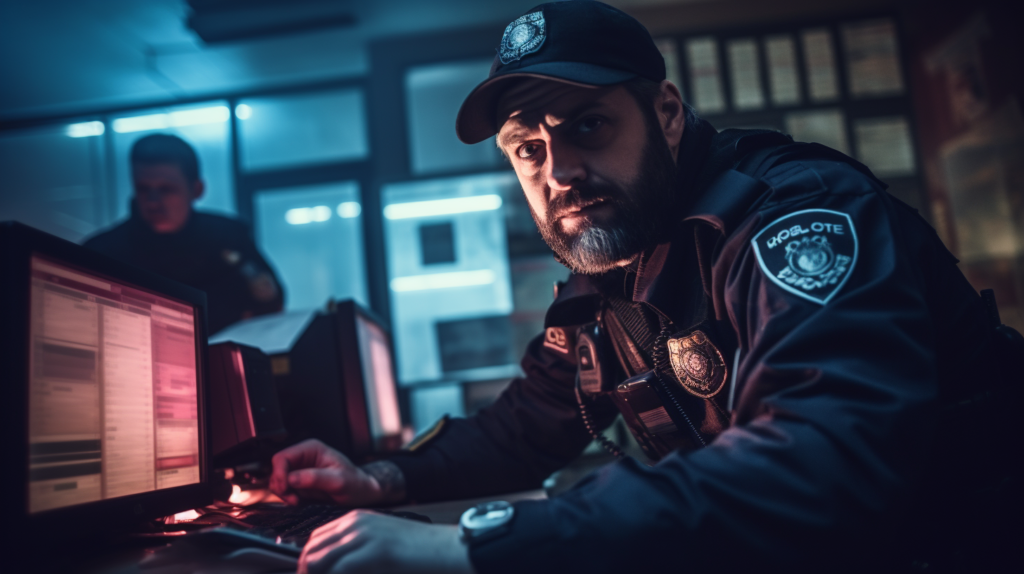 Inside a police station, police officers wearing cool Muiufly cameras