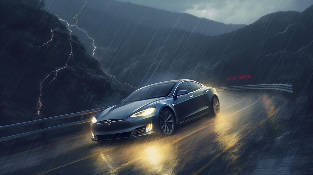 Tesla's Autopilot glitches during a heavy thunderstorm on a winding mountain road